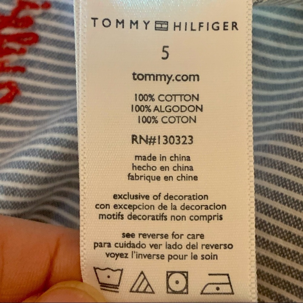 TOMMY HILFIGER Striped Denim Ruffle Dress Sleeveless 100% Cotton Blue & White 5 - Picture 15 of 16